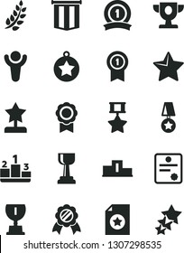 Solid Black Vector Icon Set - star vector, pedestal, medal, patente, winner, laurel branch, prize, award, gold cup, reward, with pennant, ribbon, hero, certificate, flag, three stars