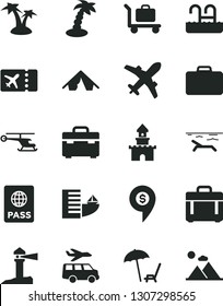 Solid Black Vector Icon Set - suitcase vector, case, passport, coastal lighthouse, sand castle, helicopter, dollar pin, plane ticket, hotel, tent, beach, arnchair under umbrella, palm tree, pool