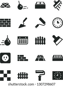 Solid Black Vector Icon Set - paint roller vector, brickwork, brick wall, big core, building trowel, new, power socket type b, tile, block, putty knife, spatula, fence, hedge, paving slab, pavement