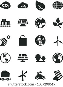 Solid Black Vector Icon Set - sign of the planet vector, paper bag, solar panel, big, leaves, leaf, windmill, wind energy, Earth, hydroelectric station, trees, electric car, CO2, carbon dyoxide, sun