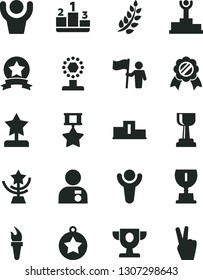 Solid Black Vector Icon Set - pedestal vector, flame torch, winner, laurel branch, podium, prize, award, cup, gold, star, reward, man with medal, hold flag, hero, ribbon, hands up, victory hand