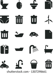 Solid Black Vector Icon Set - bin vector, clean sheet of paper, nappy, children's bathroom, bath, bucket, washbasin, comfortable toilet, shower, kitchen faucet, dust, folded shirt, passion fruit