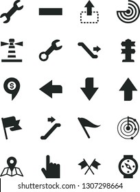 Solid Black Vector Icon Set - upward direction vector, downward, left, wind indicator, minus, index finger, map, flag, move up, lighthouse, repair, radar, cross flags, dollar pin, escalator, compass