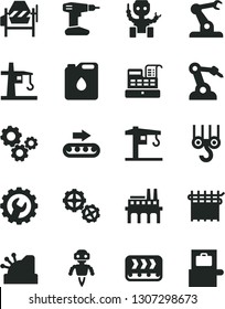 Solid Black Vector Icon Set - crane vector, winch hook, gears, concrete mixer, drill, gear, industrial enterprise, conveyor, production, canister of oil, cloth industry, tower, robot welder, cashbox