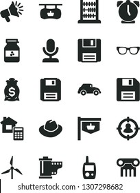Solid Black Vector Icon Set - floppy disk vector, hat, camera roll, toy mobile phone, abacus, estimate, alarm clock, jar of jam, windmill, retro car, vintage sign, antique advertising signboard