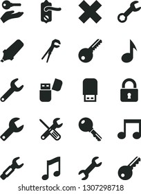 Solid Black Vector Icon Set - repair key vector, cross, small tools, adjustable wrench, door knob, lock, music, steel, text highlighter, usb flash, note, arm with