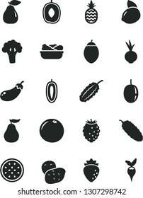 Solid Black Vector Icon Set - lettuce in a plate vector, cucumber, beet, pineapple, pear, raspberry, tasty, delicious plum, passion fruit, sweet date, yellow lemon, half of, tamarillo, grapefruit