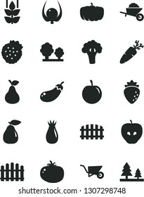 Solid Black Vector Icon Set - garden trolley vector, building, fence, hedge, tomato, carrot, strawberries, pear, mint, tasty apple, raspberry, rose hip, plum, physalis, broccoli, eggplant, pumpkin
