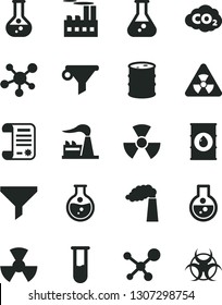 Solid Black Vector Icon Set - round flask vector, manufacture, factory, oil, barrel, industrial building, radiation, carbon dyoxide, filter, water, research article, test tube, molecule, nuclear