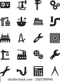 Solid Black Vector Icon Set - repair key vector, tower crane, gears, sewerage, working oil derrick, water pipes, hydroelectric station, industrial building, factory, Construction, processor, steel