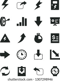 Solid Black Vector Icon Set - lightning vector, danger of electricity, downward direction, right, renewal, negative chart, download archive data, dangers, timer, move down, left, bar, wall watch