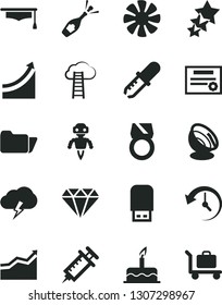 Solid Black Vector Icon Set - cake vector, storm cloud, fan, usb flash, folder, history, pipette, graduate hat, robot, satellite antenna, syringe, patente, growth graph, arrow, diamond, gold ring