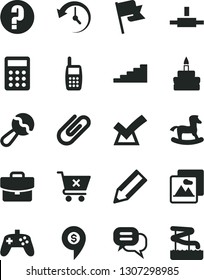 Solid Black Vector Icon Set - question vector, beanbag, small rocking horse, picture, flag, suitcase, crossed cart, clip, birthday cake, pencil, mobile phone, calculator, connect, joystick, history