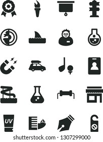 Solid Black Vector Icon Set - flask vector, magnet, scientist, earth core, medal, presentation board, ink pen, resistor, flame torch, car baggage, identity card, hotel, uv cream, aquapark, store