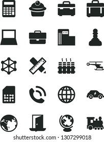 Solid Black Vector Icon Set - briefcase vector, suitcase, writing accessories, radiator, earth, case, phone call, muffin, modern gas station, electric transport, SIM, notebook pc, globe, calculator