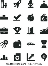 Solid Black Vector Icon Set - growth chart vector, portfolio, wallet, pedestal, prize, award, arrow graph, flag on moon, star certificate, man with ladder, exit door, vote check, microphone, rocket