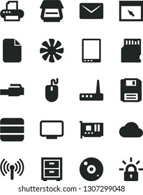 Solid Black Vector Icon Set - bedside table vector, tablet pc, fan, mouse, card, monitor, router, cd, printer, scanner, browser, floppy, lan connector, wireless, sd, big data, mail, cloud, file