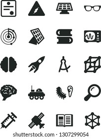 Solid Black Vector Icon Set - books vector, book, electricity, glasses, zoom, brain, satellite, bactery, oscilloscope, drawing compass, radar, sun panel, rocket, lunar rover, syringe, patente