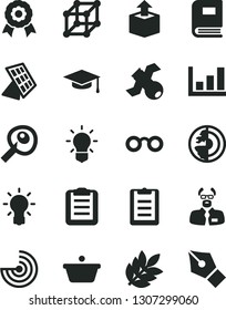Solid Black Vector Icon Set - unpacking vector, pan, glasses, bulb, satellite, book, scientist, graduate hat, clipboard, artifical insimination, growth graph, radar, earth core, medal, sun panel