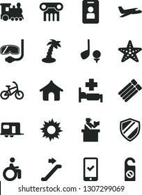 Solid Black Vector Icon Set - plane vector, train, camper, bike, escalator, passort control, phone registration, boungalow, sun, palm tree, hospital bed, starfish, diving mask, disabled, access card