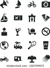 Solid Black Vector Icon Set - earth vector, camper, sail boat, bike, motorcycle, security gate, plane ticket, baggage, uv cream, cocktail, restaurant, flippers, camera, tennis, transfer, loudspeaker