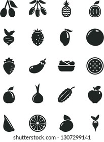 Solid Black Vector Icon Set - lettuce in a plate vector, garlic, pineapple, red apple, raspberry, cornels, tasty, mango, goji berry, yellow lemon, half of passion fruit, orange, guava, guawa, onion