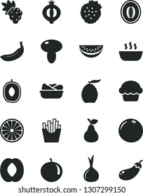 Solid Black Vector Icon Set - mushroom vector, cake, hot porridge, lettuce in a plate, French fries, strawberries, pear, grape, half of medlar, loquat, delicious plum, peach, melon, water slice