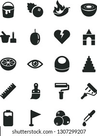 Solid Black Vector Icon Set - paint roller vector, yardstick, pennant, baby bib, stacking toy, sand set, box of bricks, bucket, plastic brush, broken heart, eye, blueberries, passion fruit, kiwi