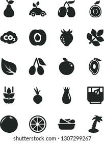 Solid Black Vector Icon Set - lettuce in a plate vector, beet, glass of tea, pear, mint, half apricot, strawberry, rose hip, cornels, tasty, mango, juicy lemon, delicious apple, guawa, grapefruit