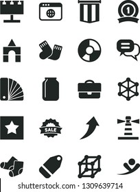 Solid Black Vector Icon Set - warm socks vector, Knitted, box of bricks, color samples, label, jar, lighthouse, billboard with illumination, portfolio, ring diagram, sale, browser, 3d cube, star
