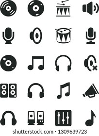 Solid Black Vector Icon Set - desktop microphone vector, horn, loudspeaker, silent mode, drumroll, drum, headphones, music, CD, regulator, volume, pc speaker, note