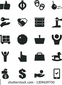 Solid Black Vector Icon Set - cargo trolley vector, dollar, chest of drawers, small rocking horse, shoes for little children, core, index finger, thumb up, cabbage, half medlar, shopping basket, bag