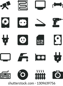 Solid Black Vector Icon Set - camera vector, keyboard, cordless drill, power socket type b, f, heating coil, faucet mixer, plug, electric, SIM, cast iron radiator, gpu card, monitor, hdd, scanner
