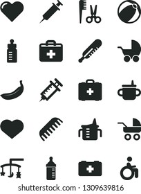 Solid Black Vector Icon Set - heart symbol vector, first aid kit, toys over the cradle, mug for feeding, measuring cup, bottle, baby stroller, carriage, mercury thermometer, bath ball, comb, medical
