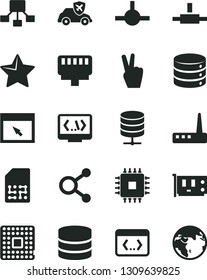 Solid Black Vector Icon Set - star vector, big data, server, autopilot, processor, SIM, connections, hierarchical scheme, cpu, pc card, router, browser, connect, coding, lan connector, victory hand