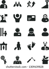 Solid Black Vector Icon Set - footprints vector, builder, pass card, operator, racer, welding, man, conversation, scientist, arrow up, winner stairway, hold world, with medal, flag, ladder, hands