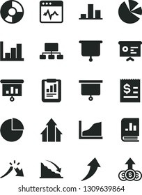Solid Black Vector Icon Set - pie chart vector, negative histogram, cardiogram, recession, a crisis, statistical report, scheme, article on the dollar, ring diagram, charts, book statistics, board