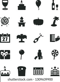 Solid Black Vector Icon Set - daily calendar vector, balloon, Easter cake, torte, birthday, Chupa Chups, lollipop, glass, pumpkin, wall, giftbox, sand castle, wine, champagne, passenger, hotel
