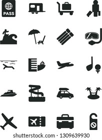 Solid Black Vector Icon Set - suitcase vector, passport, plane, car baggage, camper, passenger, ticket, hotel, beach, arnchair under umbrella, aquapark, diving mask, surfing, golf, palm hammok