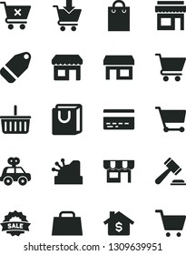 Solid Black Vector Icon Set - grocery basket vector, bank card, hammer of a judge, motor vehicle present, cart, put in, crossed, bag with handles, kiosk, label, stall, hand, cashbox, sale, mortgage