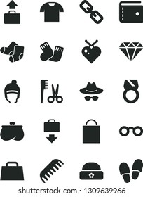 Solid Black Vector Icon Set - paper bag vector, purse, spectacles, hat with glasses, accessories for a hairstyle, comb, warm socks, Knitted, winter, T shirt, hand, diamond, gold ring, baggage
