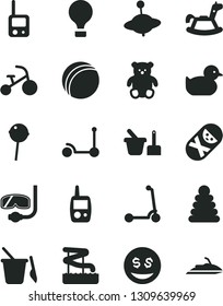 Solid Black Vector Icon Set - baby duckling vector, bath ball, stacking rings, tumbler, toy phone, mobile, sand set, children's, small teddy bear, yule, rocking horse, tricycle, Kick scooter, child