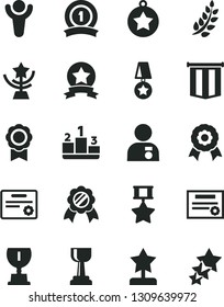 Solid Black Vector Icon Set - pedestal vector, medal, patente, winner, laurel branch, award, gold cup, star, reward, man with, ribbon, hero, certificate, pennant flag, three stars