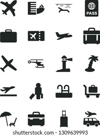 Solid Black Vector Icon Set - suitcase vector, case, passport, coastal lighthouse, helicopter, plane, passenger, rolling, ticket, departure, hotel, beach, arnchair under umbrella, palm tree, pool