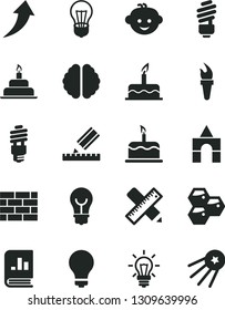 Solid Black Vector Icon Set - matte light bulb vector, children's hairdo, box of bricks, cake, birthday, brickwork, saving, writing accessories, drawing, honeycombs, energy, book on statistics