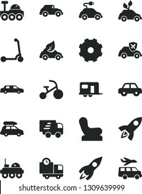 Solid Black Vector Icon Set - truck lorry vector, Baby chair, motor vehicle, tricycle, child Kick scooter, delivery, eco car, environmentally friendly transport, electric, retro, autopilot, rocket