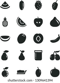 Solid Black Vector Icon Set - cake slice vector, jam, a pineapple, pear, tasty apple, plum, fig, raspberry, blueberry, mulberry, cornels, of water melon, date fruit, banana, piece coconut, persimmon