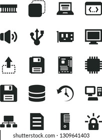 Solid Black Vector Icon Set - floppy disk vector, laptop, monitor window, volume, copy, move up, scheme, computer, radiator fan, pc tower, motherboard, cpu, card, usb, coding, big data, history