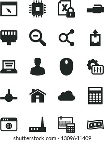 Solid Black Vector Icon Set - house vector, laptop, zoom out, upload archive data, calculation, connections, woman, encrypting, mouse, cpu, router, browser, connect, lan connector, settings, cloud