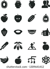 Solid Black Vector Icon Set - women vector, toys over the cradle, measuring cup for feeding, mercury thermometer, temperature, a plate of milk, strawberry, peach, apricot, red apple, tasty, bananas